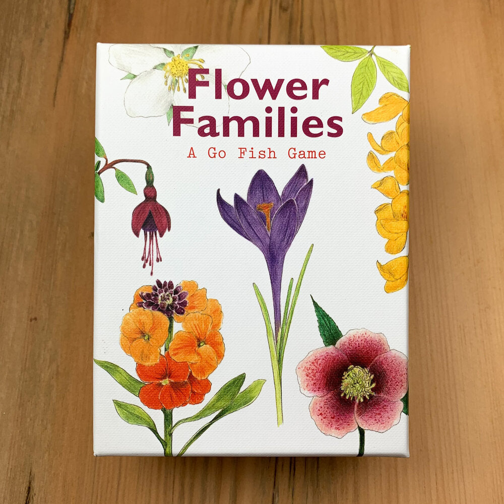 White card game box front with colorful flower illustrations