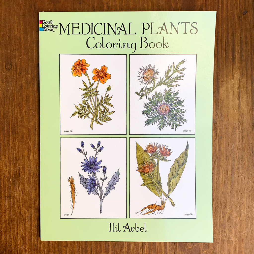 Soft front cover of Medicinal Plants coloring book featuring several colored in pages of different plants featured inside.