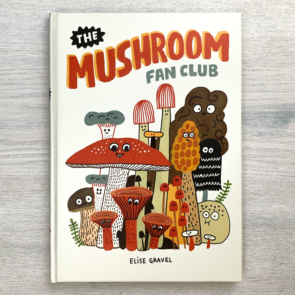 White book cover with colorful cartoon mushrooms.