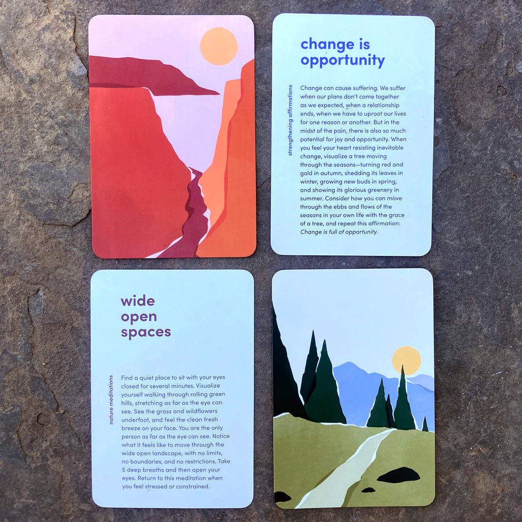 Nature Meditations deck card examples including written meditations on one side and a nature watercolor illustration on the reverse.