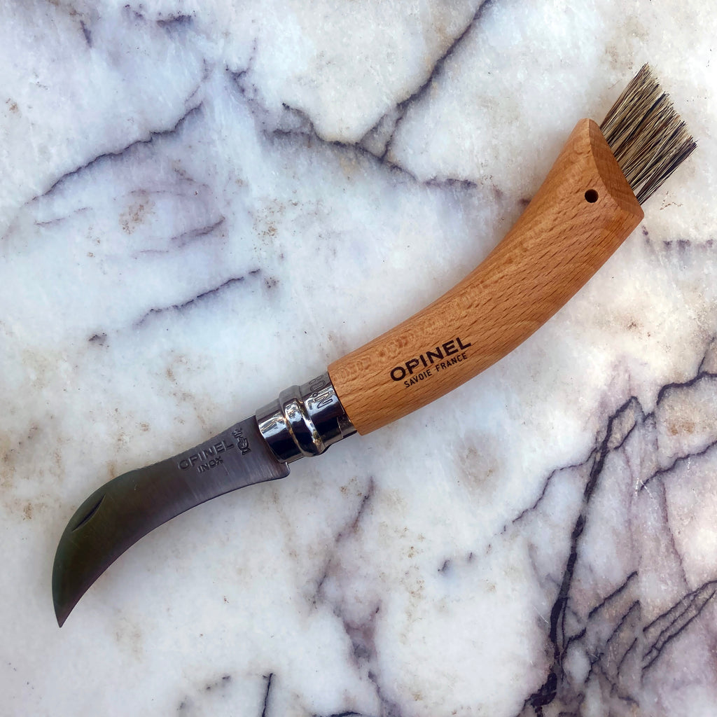 Opinel No. 08 Mushroom Knife shown unfolded with sharp, pointed blade, and natural fiber brush.