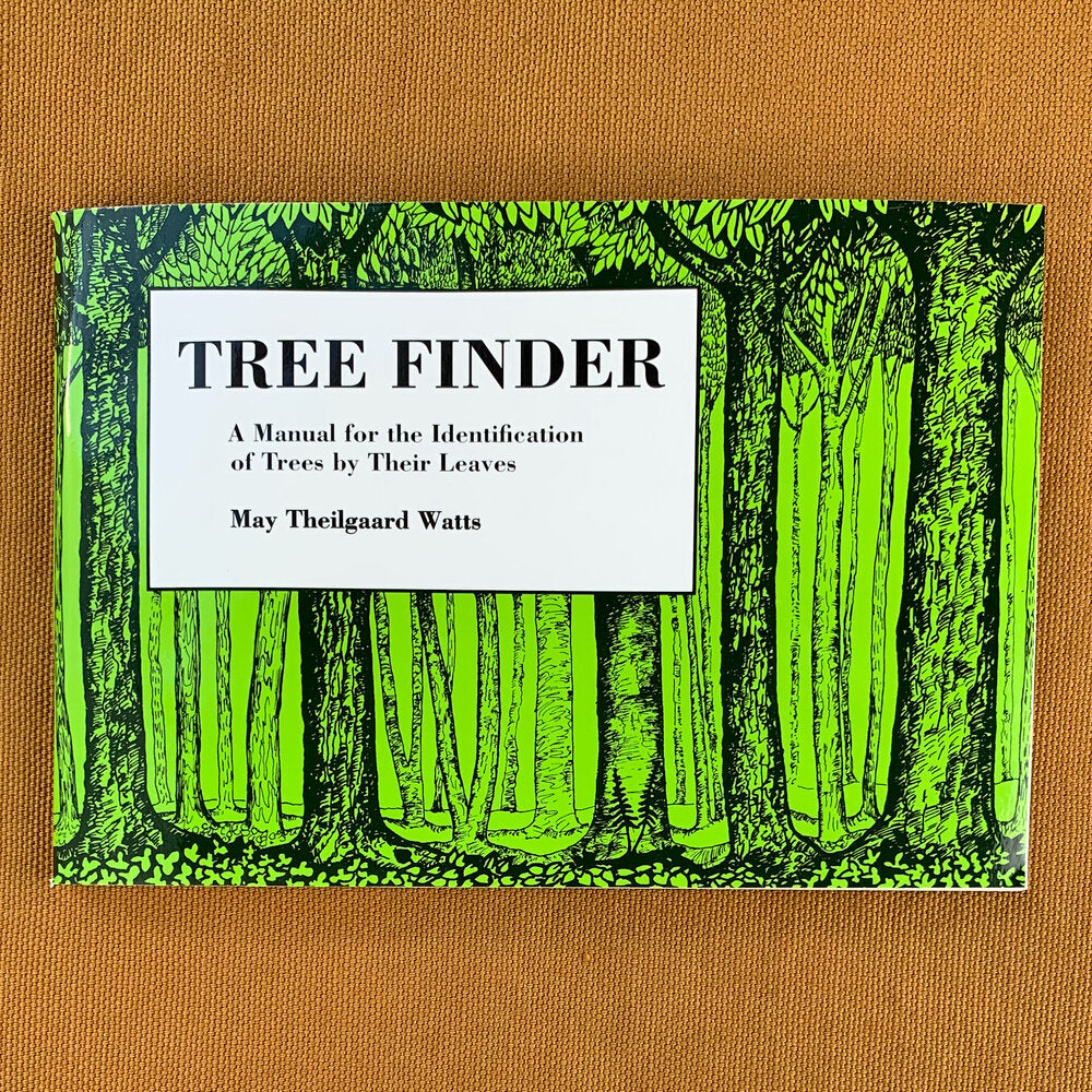 Tree Finder front cover with bold text on a white background against bold black line drawings of trees in a forest on a light green background.