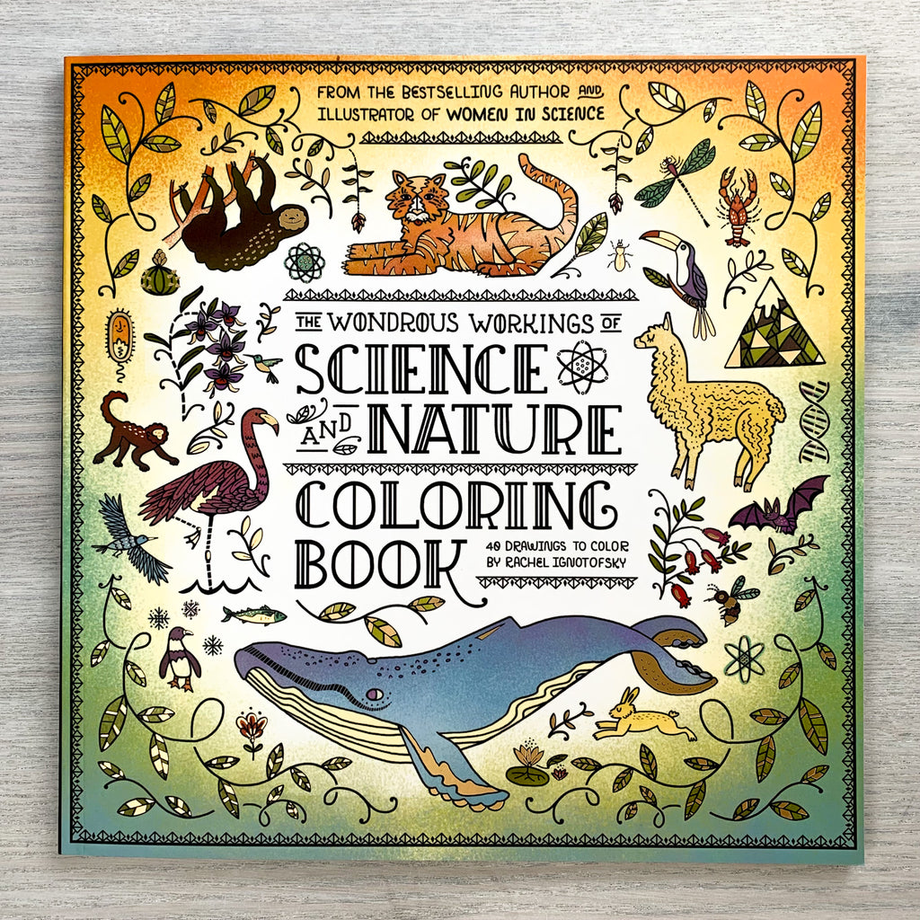Wondrous Workings of Science & Nature Coloring Book cover featuring colored in line drawings of stylized animals including a whale, a llama, a tiger, and a sloth.