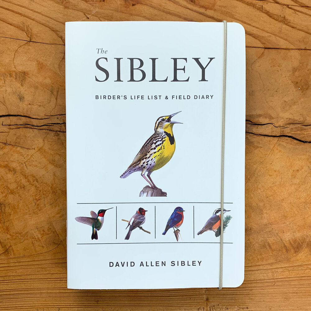 Sibley Birder's Life List & Field Diary front waterproof cover with illustrations of several birds on a plain white background. Elastic band holds book neatly closed.