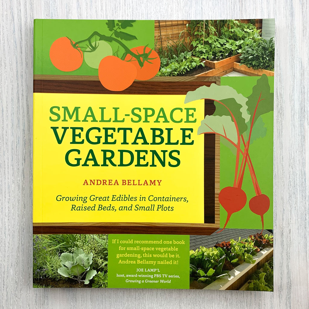 Soft front cover of Small-Space Vegetable Gardens with bold text and verdant illustrations and photographs of vegetables and small garden plots.