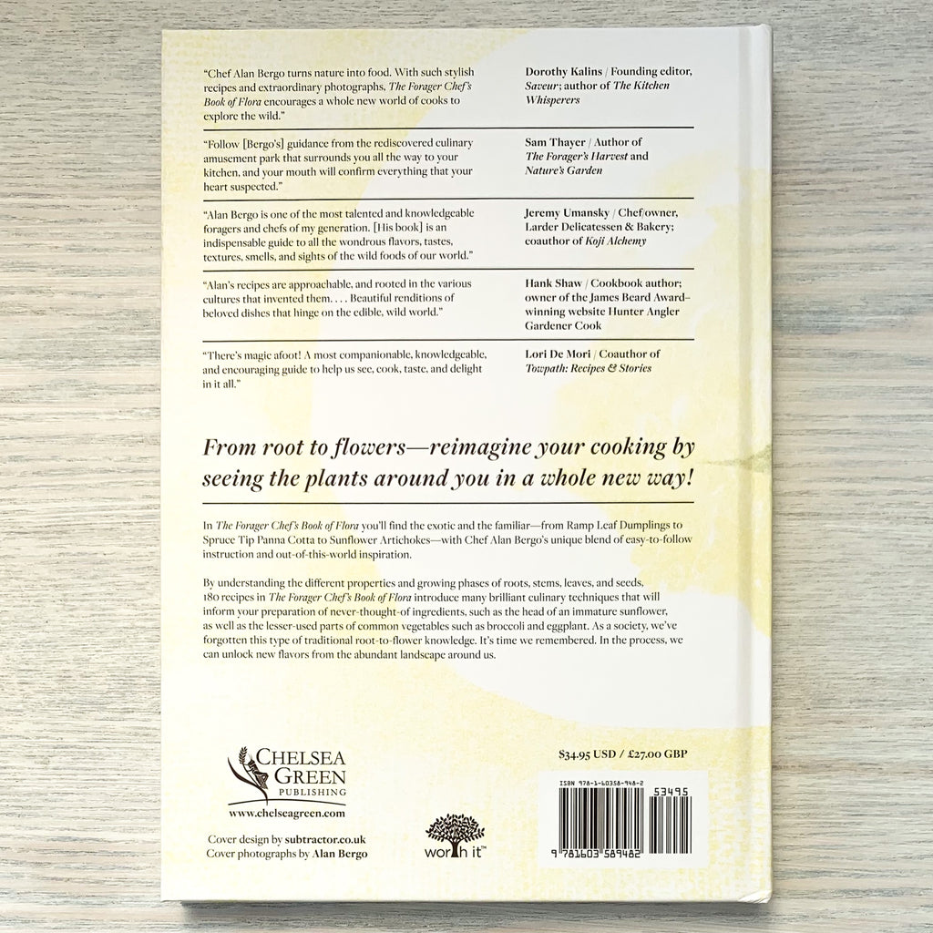 Back cover of The Forager Chef's Book of Flora with reviews and a description of the contents of the book.