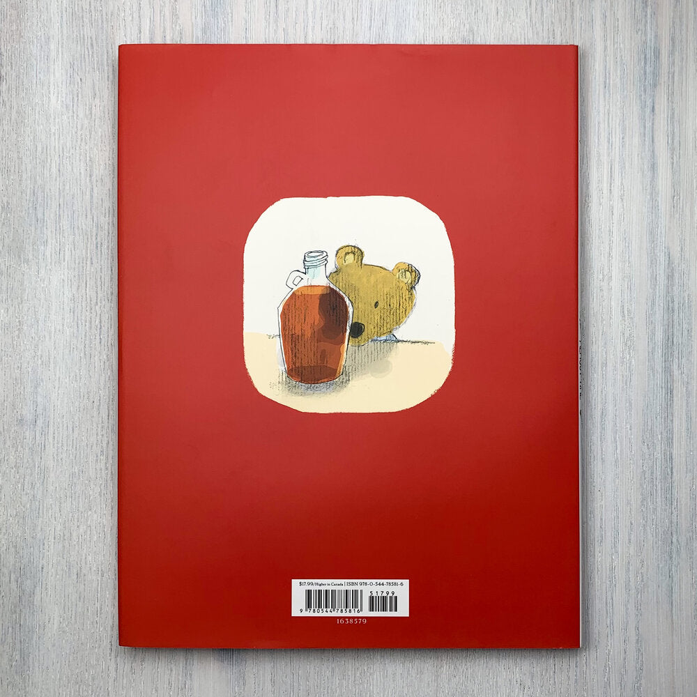 Back cover of picture book with illustration of maple syrup jar and teddy bear