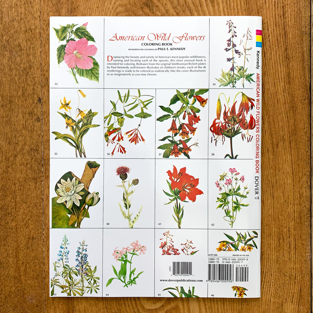 Back of coloring book with 14 panels of flower pages, colored in