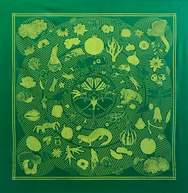 Dark green bandana with light green print including flora and fauna in a complex mandala pattern.