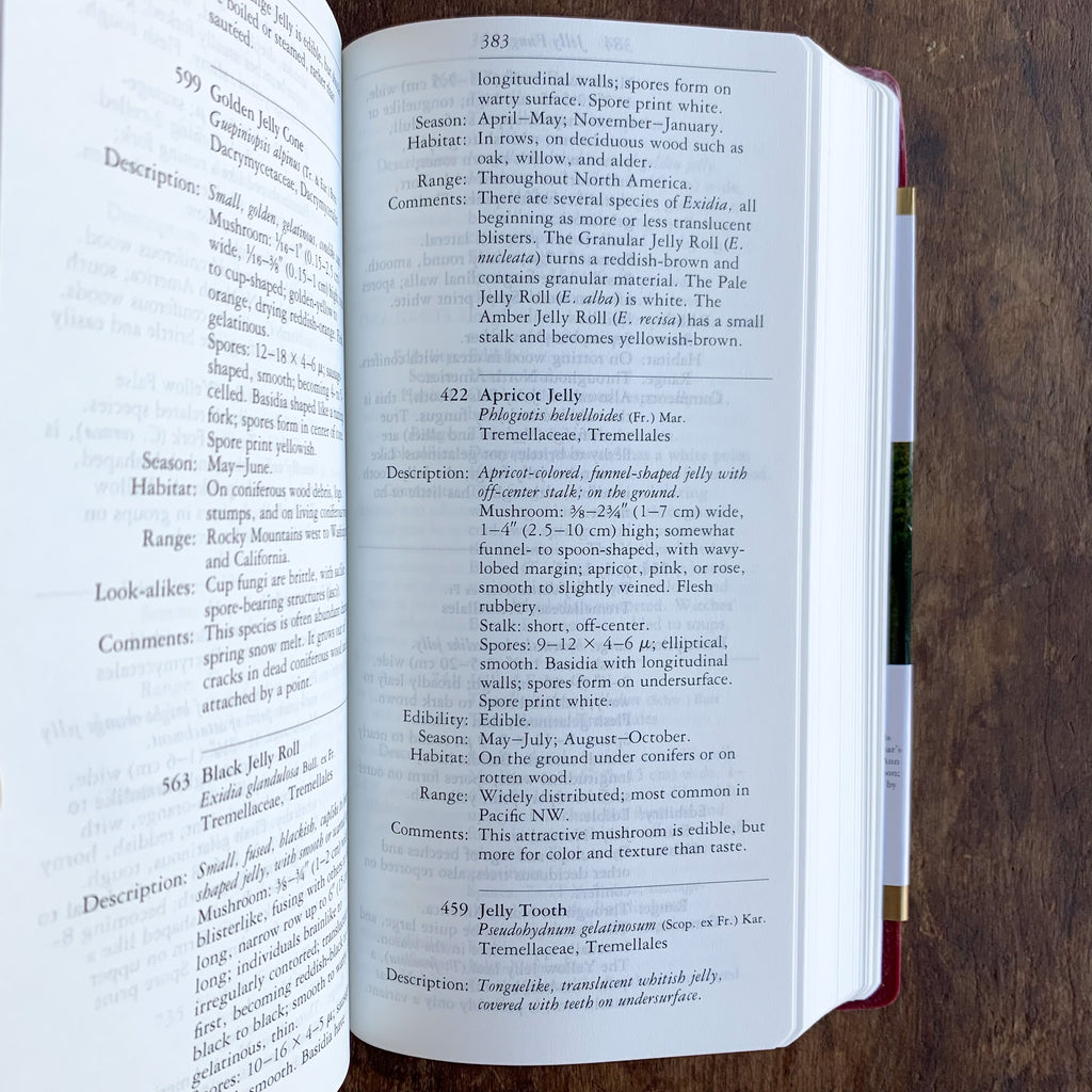 Inside page of mushroom guide with all text descriptions of mushrooms including taxonomic names, descriptions, edibility characteristics, habitat, season, range, and other comments.