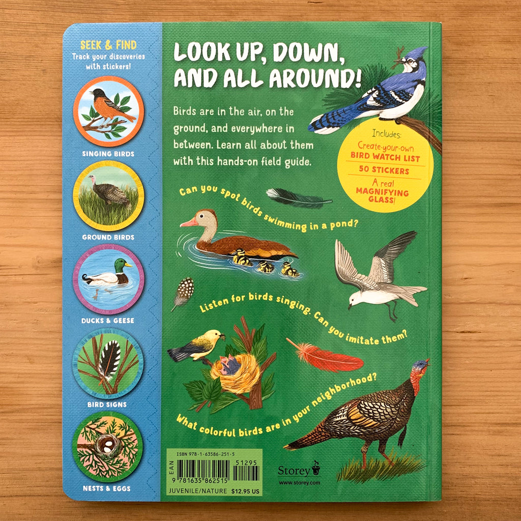 Back cover of book, green with illustrations of birds