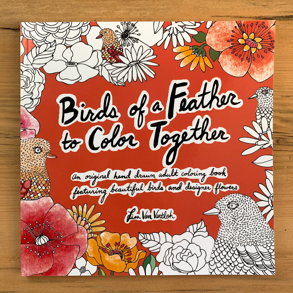 Softcover book cover, red with half-colored in black-and-white illustrations of birds and feathers