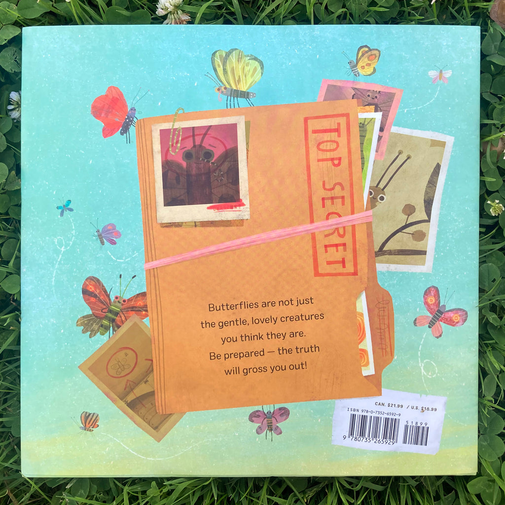 Butterflies are Pretty Gross! back cover showing a stylized top secret folder with silly illustrations of butterflies.
