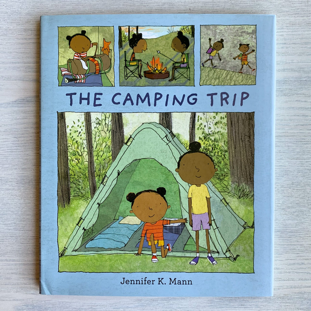 Hard front cover of The Camping Trip with four different illustrated panels of siblings enjoying the joys of setting up a tent, toasting marshmallows and hiking.