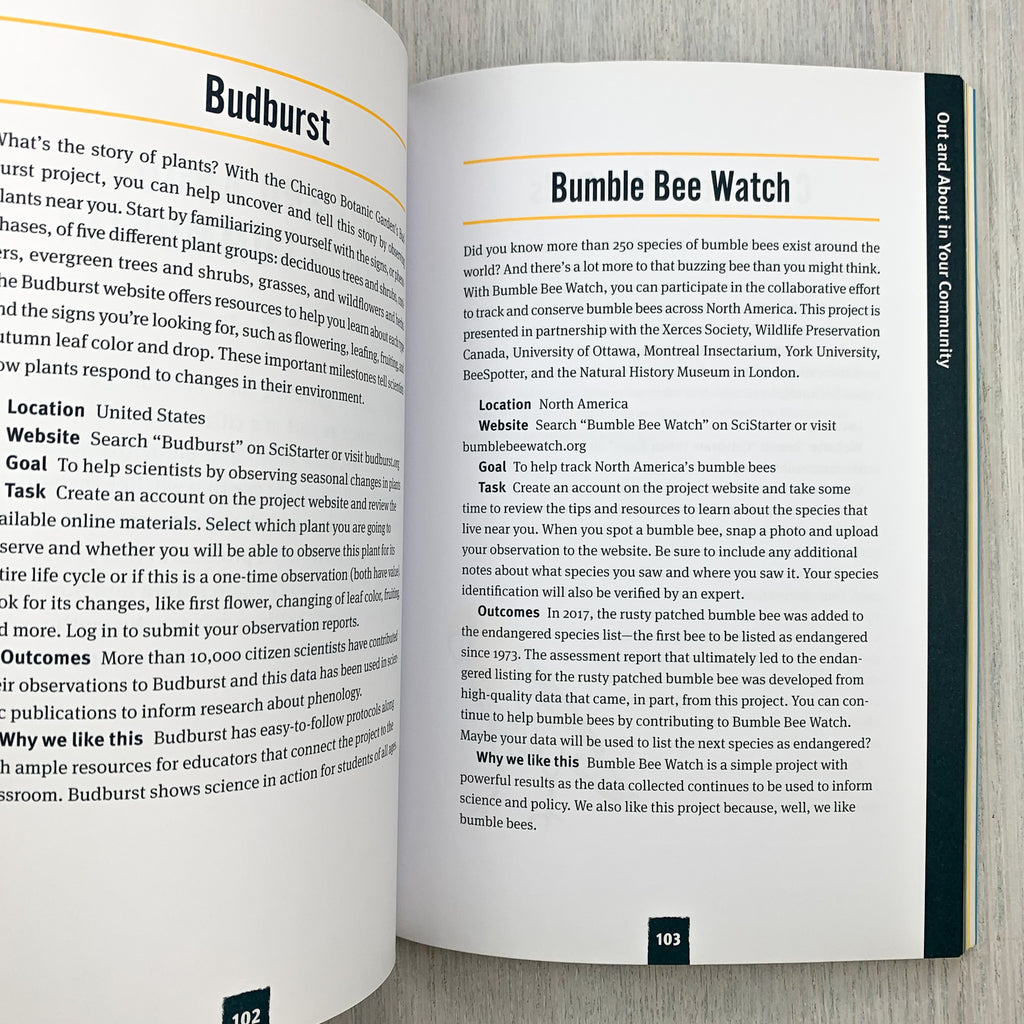 Inside page of The Field Guide to Citizen Science displaying a page on "Bumblebee Watch," a project to track and conserve bumble bees.