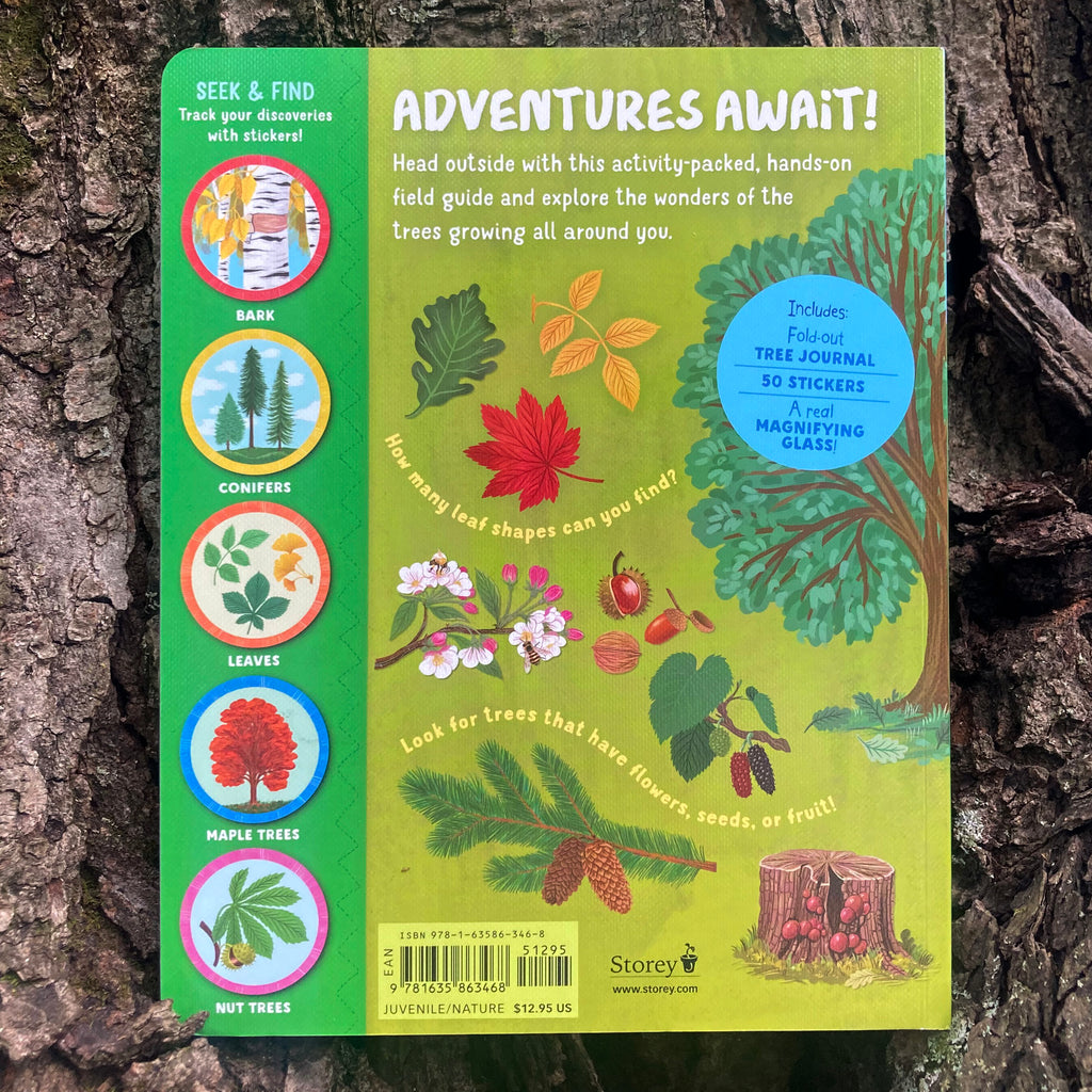 Backpack Explorer Discovering Trees book back cover with illustrations of trees, leaves, nuts, flowers, and mushrooms growing on a tree stump. Describes included stickers and magnifying glass.