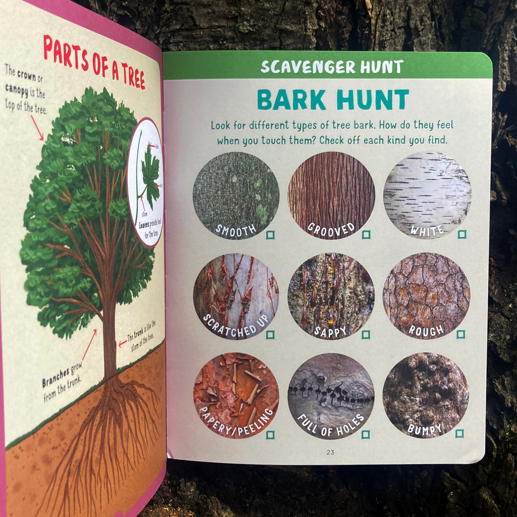 Backpack Explorer Discovering Trees book opened to a page titled "Scavenger Hunt: Bark Hunt" featuring photographs of several different kinds of tree bark.