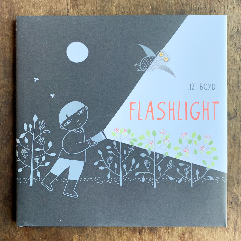 Hardcover picture black book jacket with gray line art of moon and child carrying a flashlight and illuminating the world in color.