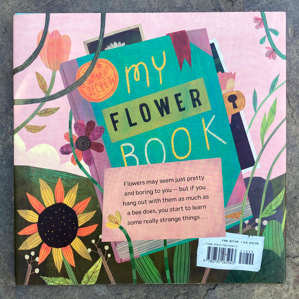 Flowers Are Pretty Weird! back cover displaying a cartoony locked diary titled "My Flower Book," surrounded by several pretty flowers.