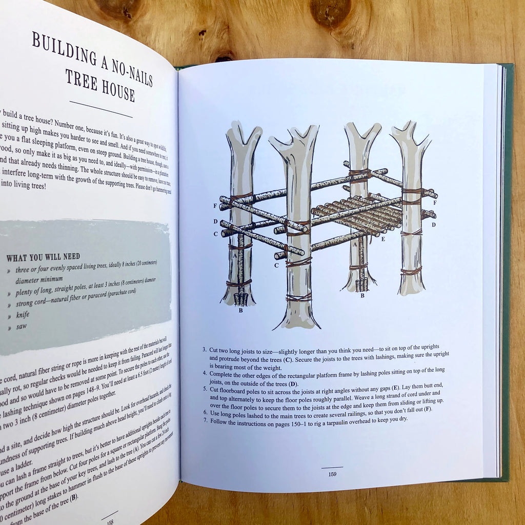 Forest School For Grown-Ups book opened to a chapter on "Building A No-Nails Treehouse" complete with an illustration of the final product.