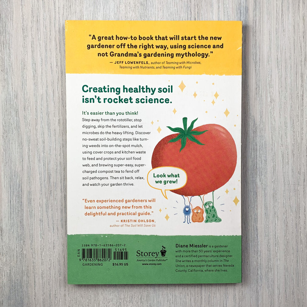 Back of book with blurbs and an illustration of a tomato being held up by anthropomorphized microbes