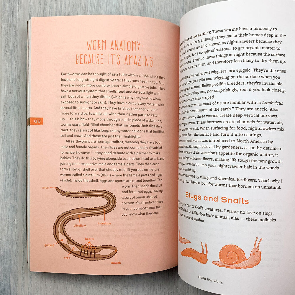 Interior book pages, mostly text with a couple illustrations and the header, "Worm Anatomy: Because It's Amazing."
