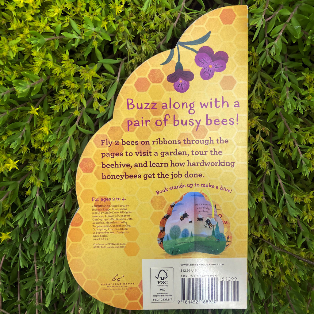 Hello Honeybees hive-shaped board book back cover displaying opened book in its beehive shape and describing the two pop-out bees that can be played with on each page.