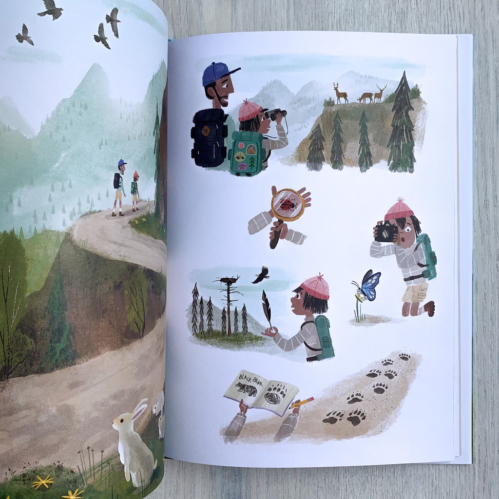 Picture book spread showing watercolor scenes of a kid and dad exploring nature on a trail