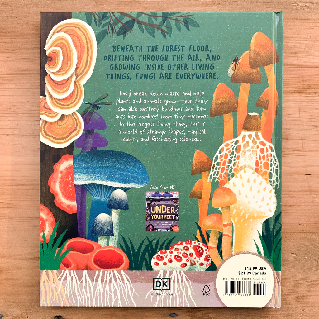 Hardcover picture book back cover with stylized colorful mushrooms 