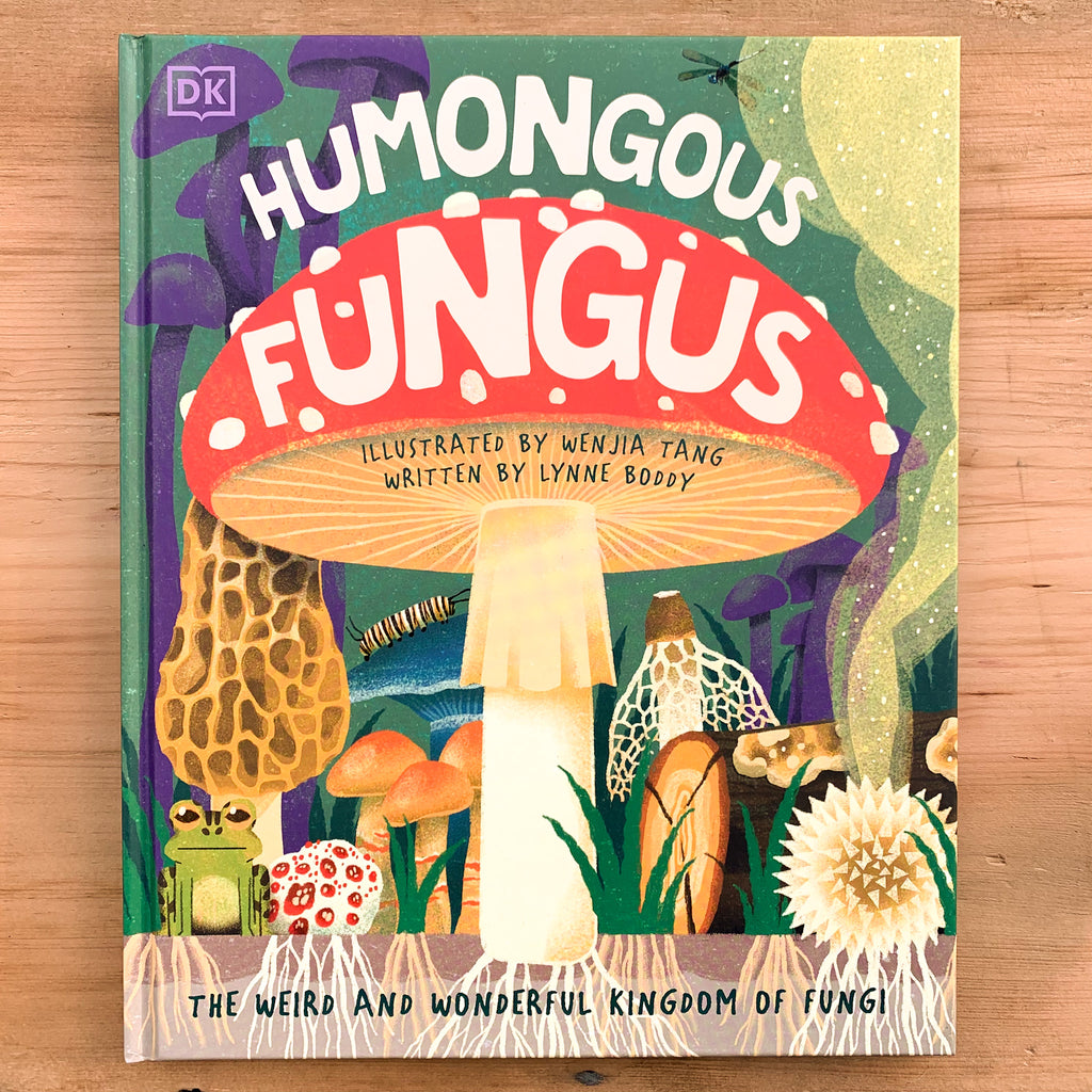 Hardcover picture book cover with stylized colorful mushrooms 