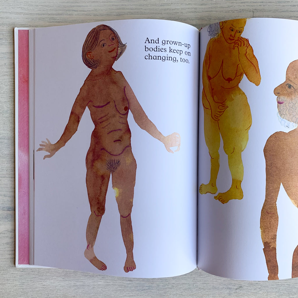 Picture book spread with text "And grown-up bodies keep on changing too" with illustrations of 3 different elderly bodies