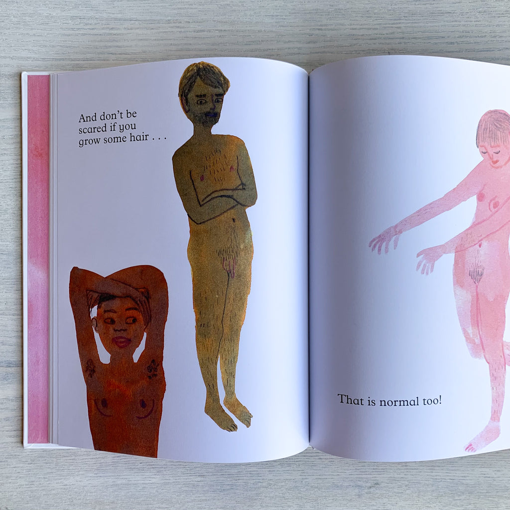 Picture book spread with text "And don't be scared if you grow some hair..." and illustrations of 3 different naked people with body hair
