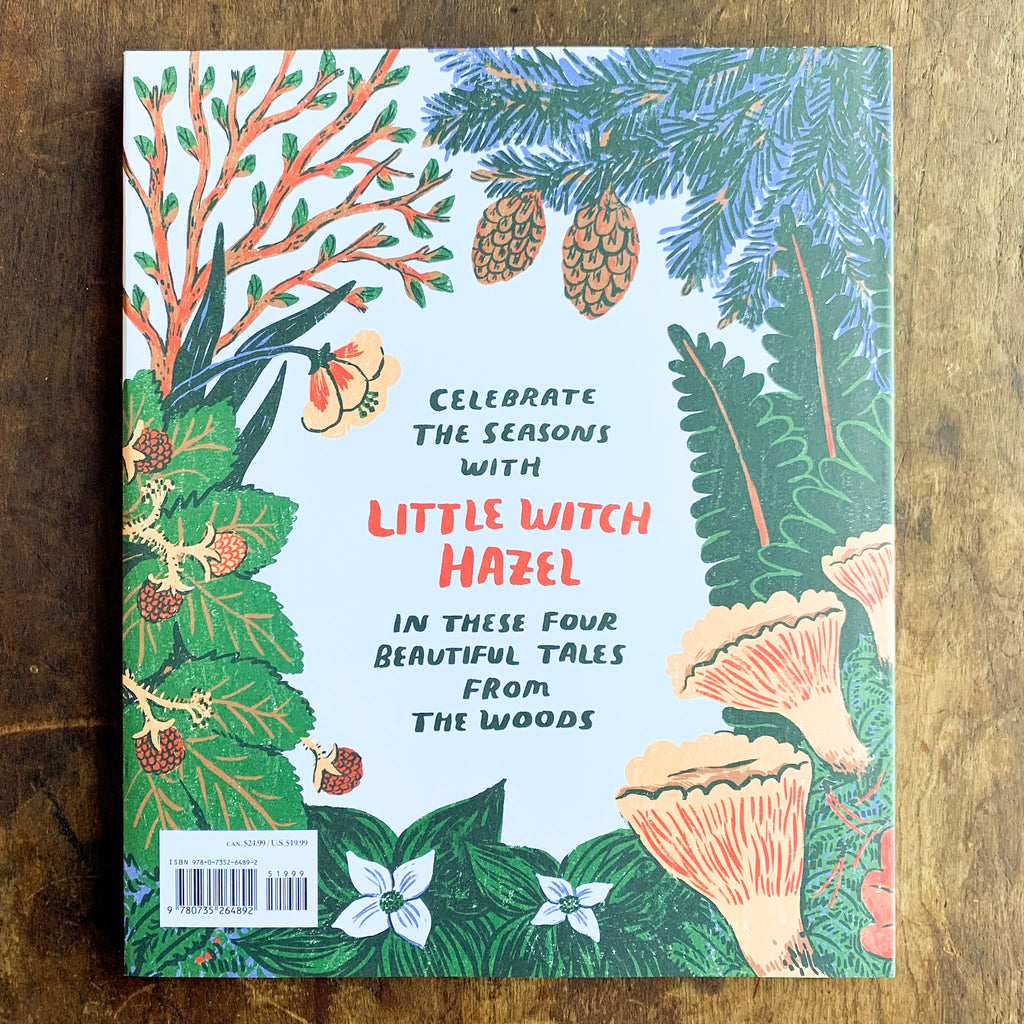 Back hard cover of Little Witch Hazel adorned with stylized mushrooms and pine cones and berries.