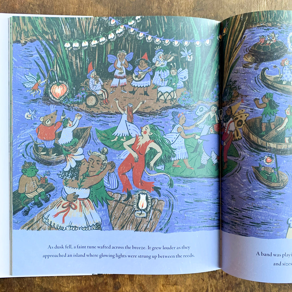 Inside page of Little Witch Hazel featuring characters dancing on rafts and lily pads while a faerie band plays.
