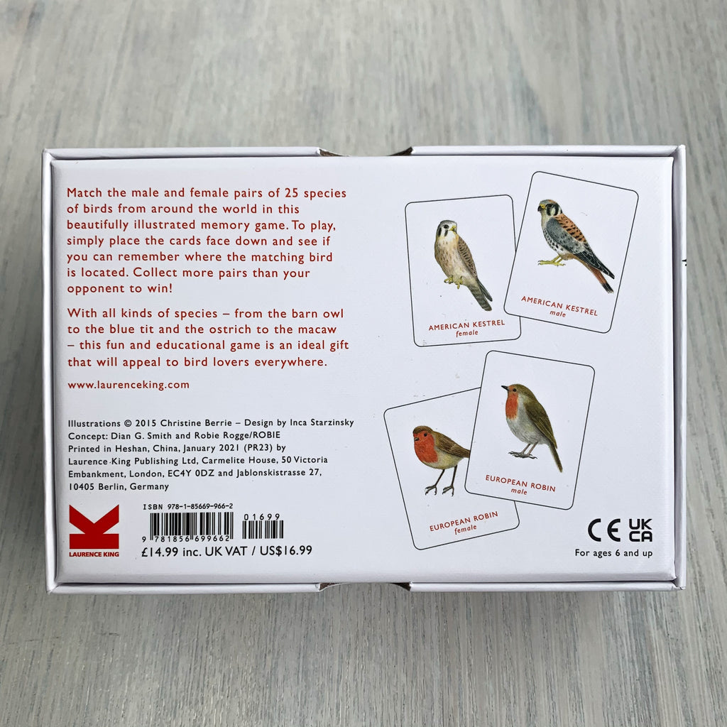 Back of Match A Pair of Birds game box displaying game cards featuring the American Kestrel and European Robin, both male and female.