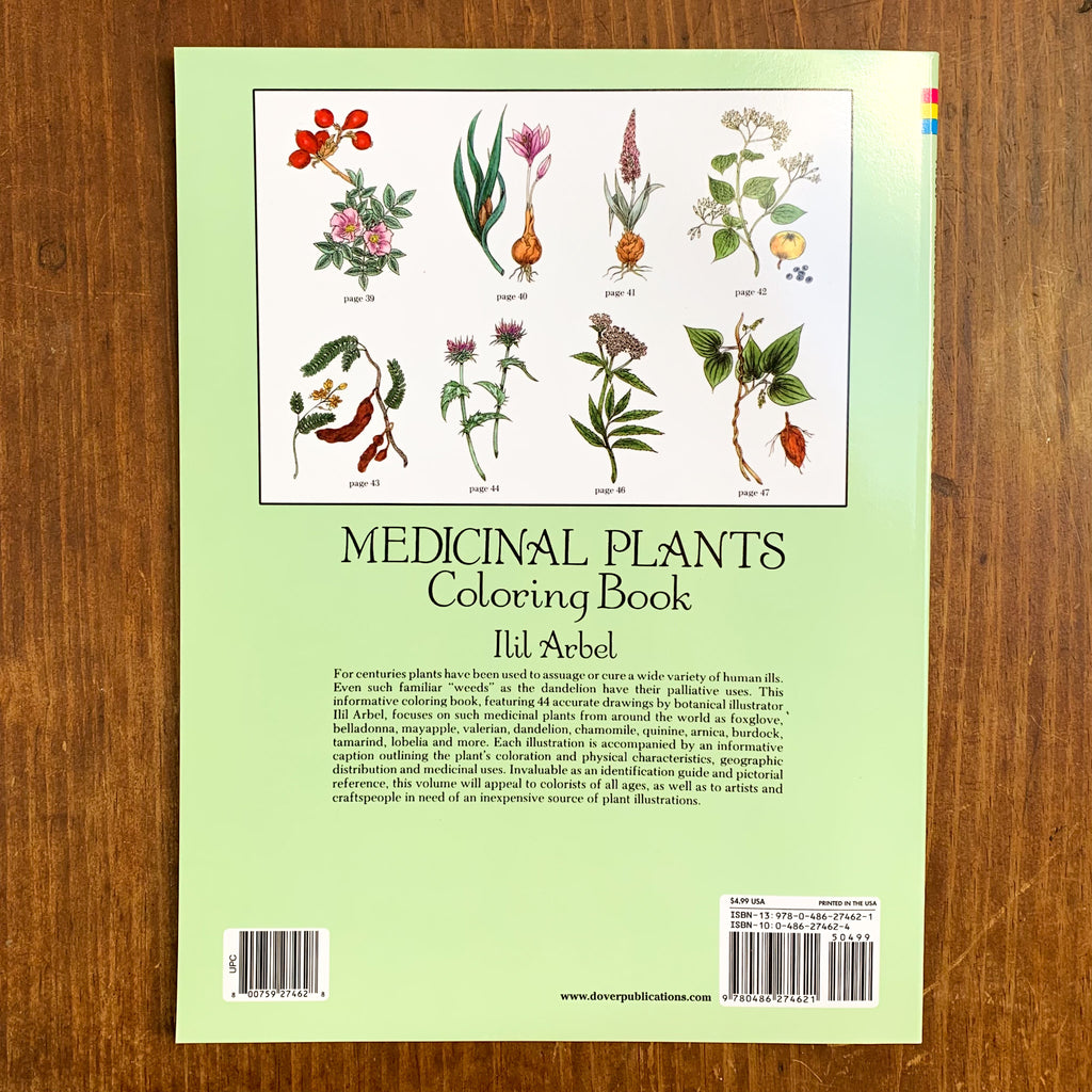 Back soft cover of Medicinal Plants coloring book showing several colored in examples of plants featured inside.