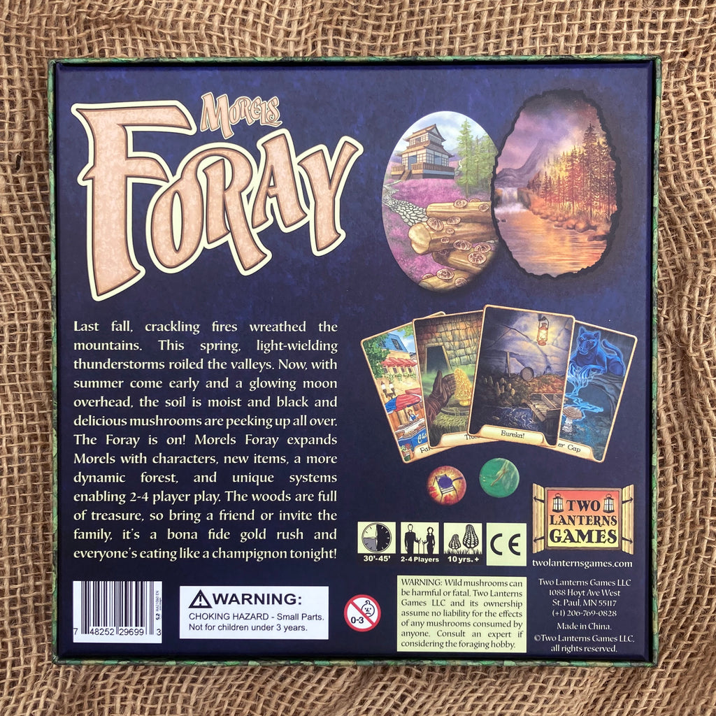 Back cover of Morels Foray game expansion box showing some of the new game pieces and cards contained within and a short narrative to excite foragers about the game they're about to play.
