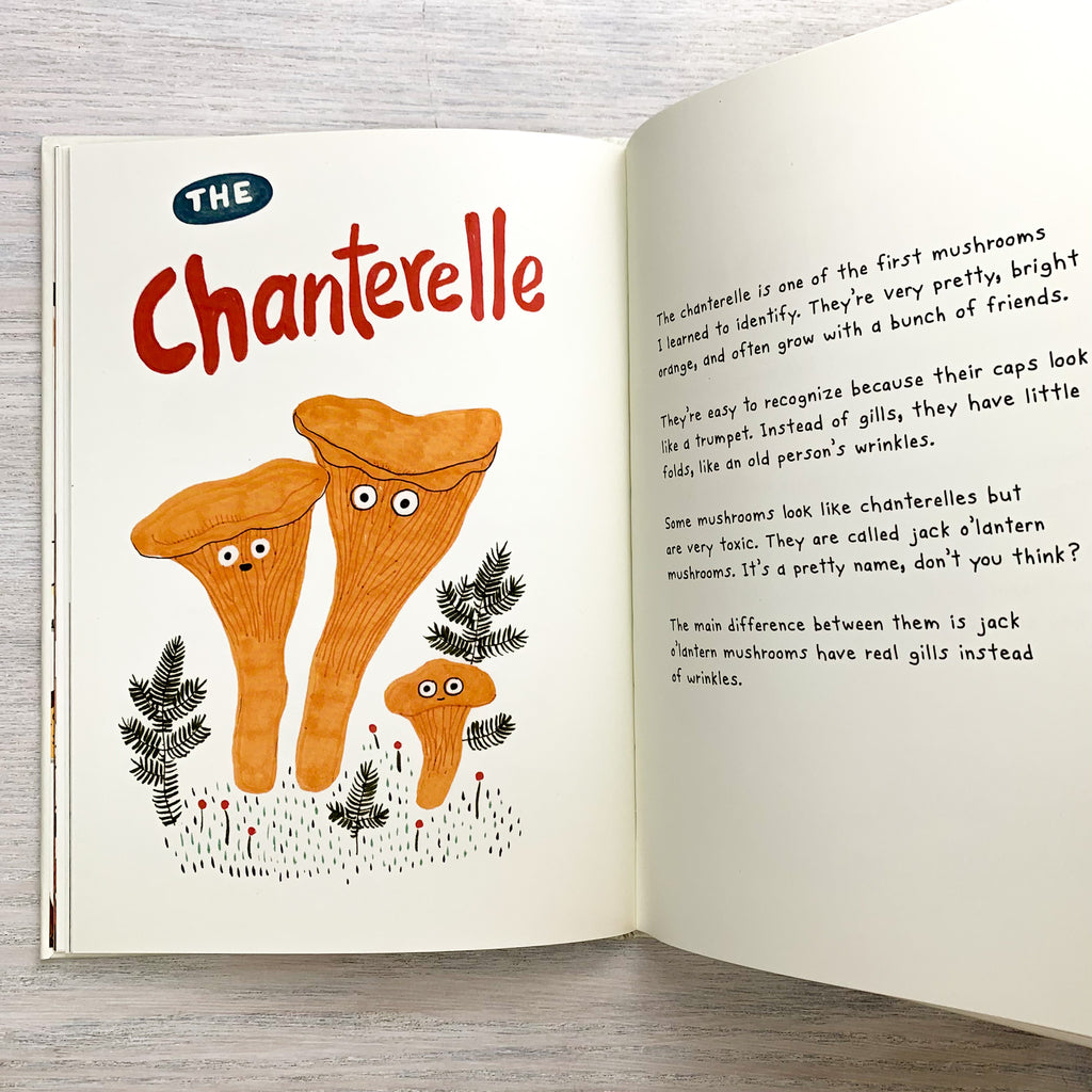 Book pages with "The Chanterelle" heading, cartoon chanterelles, and informative text