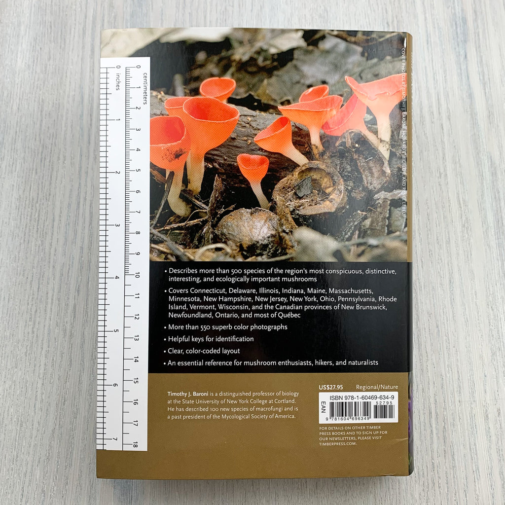 Back soft cover of mushroom guide with a description of contents, a photograph of colorful orange cupped mushrooms, and a ruler with gradations in inches and centimeters and millimeters.