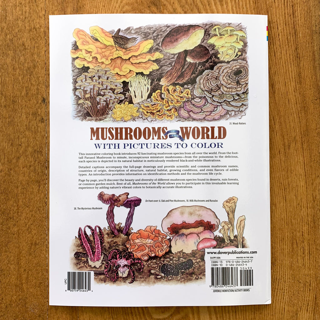Back soft cover of Mushrooms of the World coloring book featuring colored in page examples from inside the book with many mushroom species side by side.
