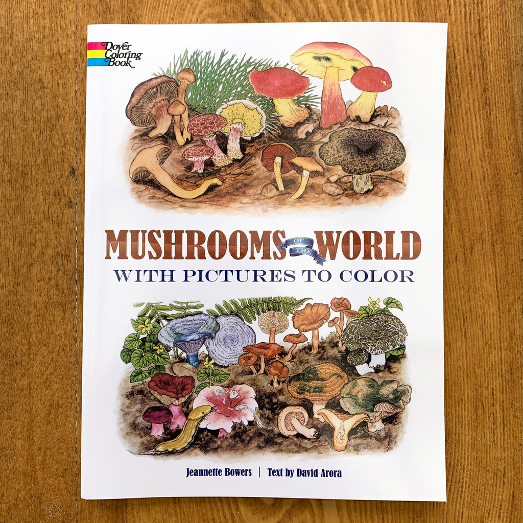 Soft front cover of Mushrooms of the World coloring book displaying colored in example pages from the book featuring many kinds of mushrooms.  And a banana slug!