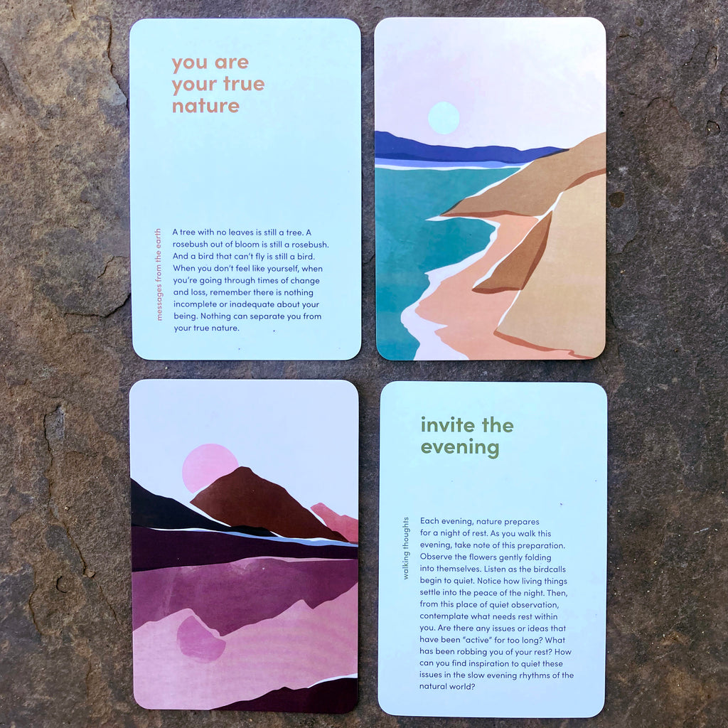 Nature Meditations deck card examples including written meditations on one side and a nature watercolor illustration on the reverse.