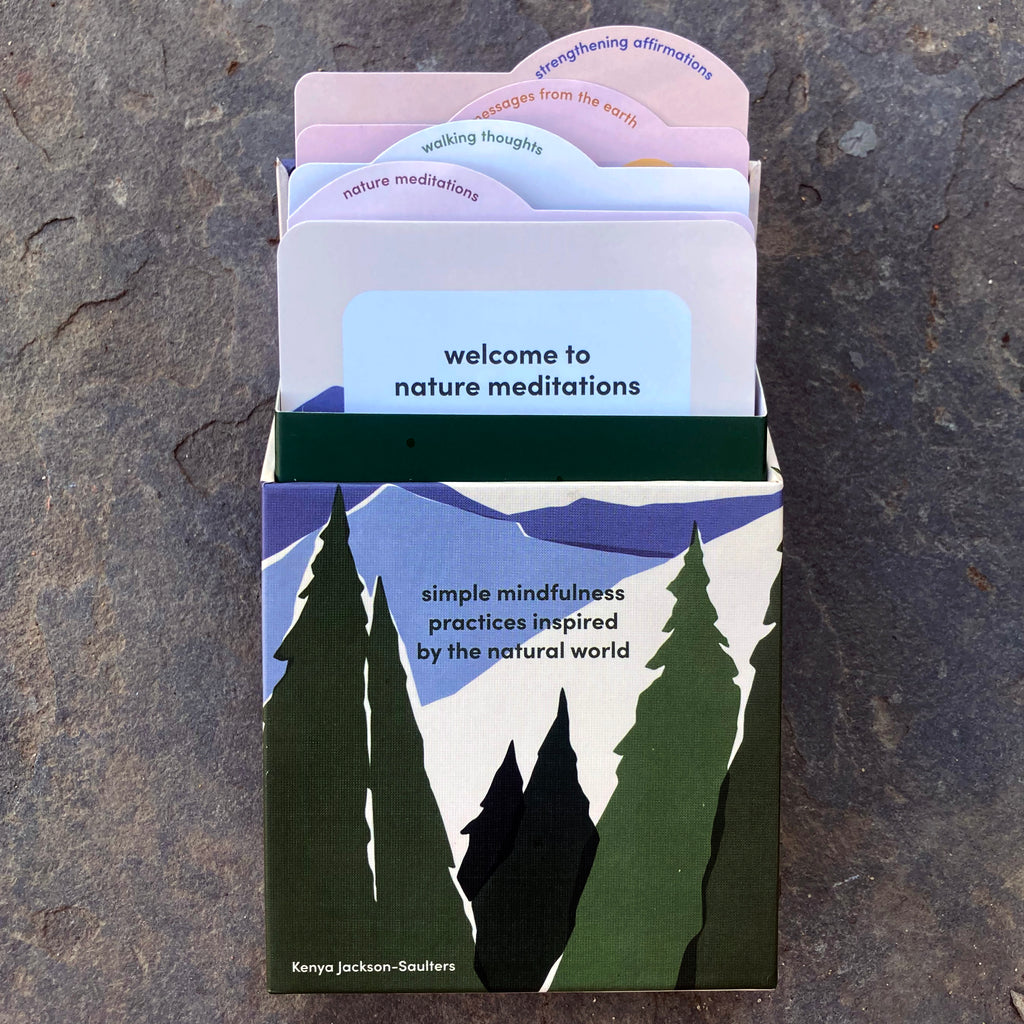 Nature Meditations card deck box opened showing cards divided into Nature Meditations, Walking Thoughts, Messages From The Earth, and Strengthening Affirmations.