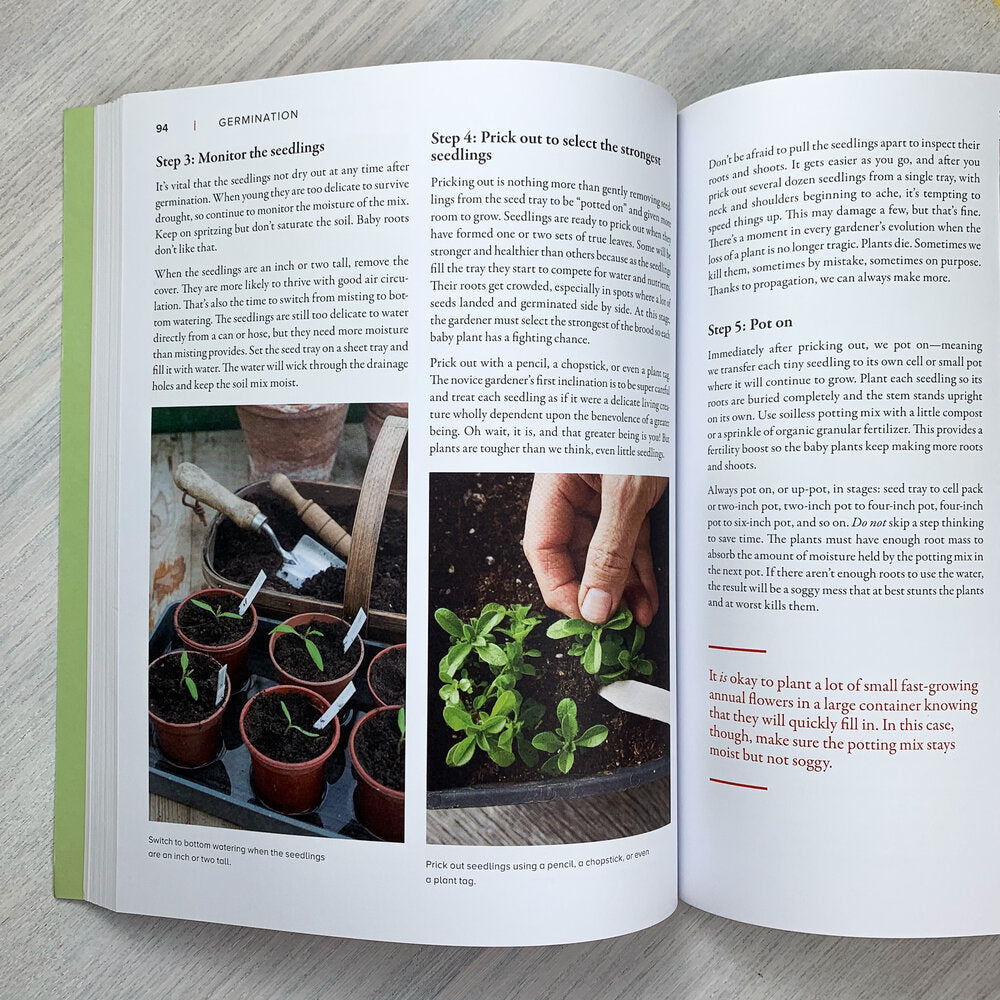 Inside page of New Gardener's Handbook with text and photos on sprouting seedlings.