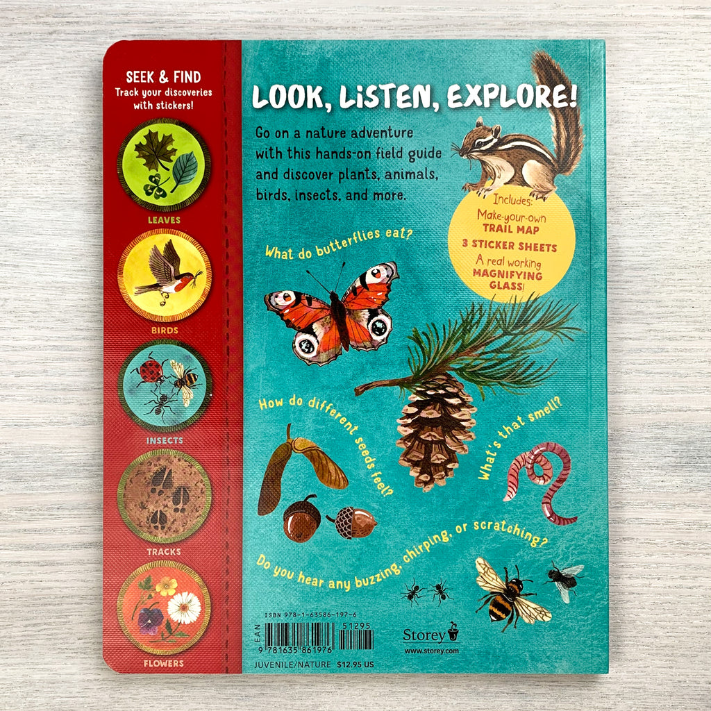 Back hardcover of On The Nature Trail with various illustrations including a chipmunk, a butterfly, and a pine cone, as well as examples of the achievement stickers contained inside.