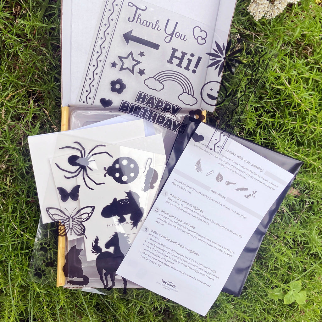 Contents of the inside of the Solar Print Kit box with an instruction booklet, packet of solar print paper, solar stencils, of animals and words, and envelopes.