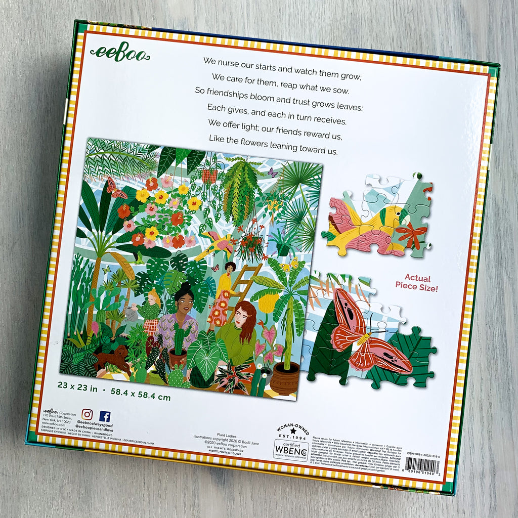 Back cover of jigsaw puzzle box displaying completed puzzle and actual piece sizes with little snippets of assembled images of a colorful parrot and butterfly.