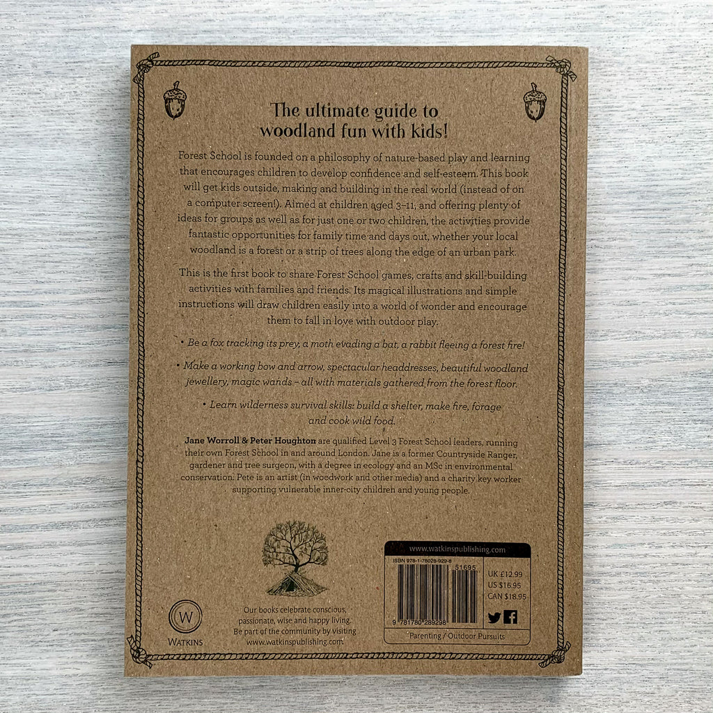 Back cover of Play The Forest School way describing the contents and philosophy of the book in black text on a rough brown background.