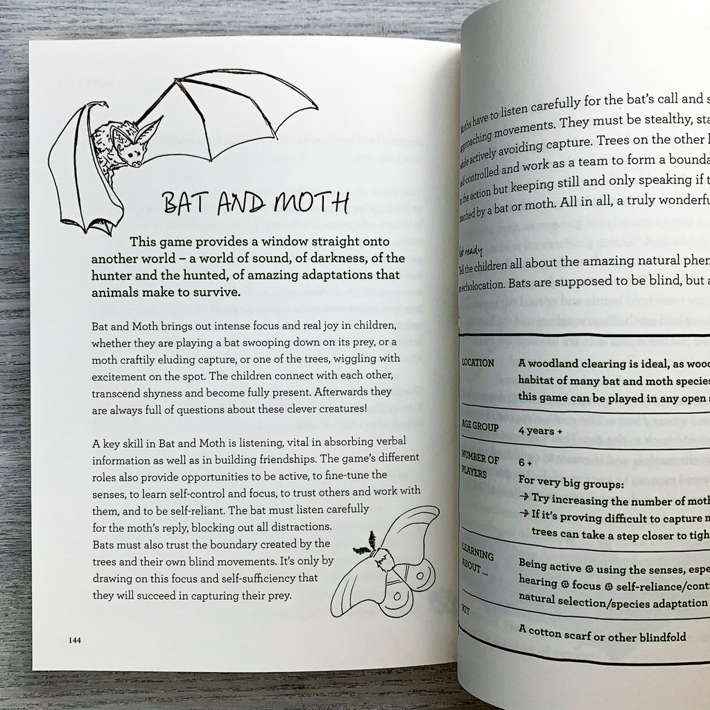 Inside page of Play The Forest School Way describing a game called "Bat and Moth," complete with instructions and line drawings of a bat and moth,