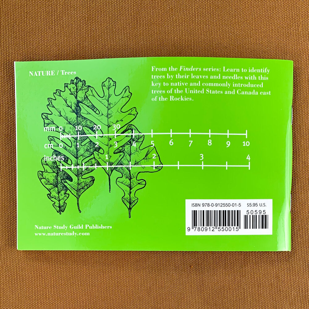 Back cover of Tree Finder guide with illustrations of oak leaves and rulers in both inches and centimeters.